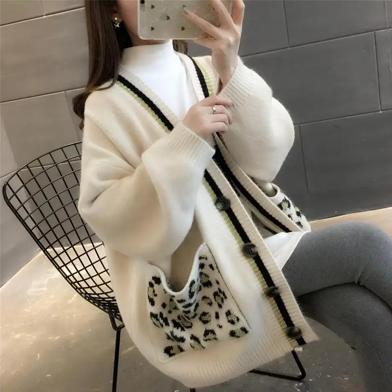 

2021 Sweater Women Spring And Autumn Jacket New Fashion V-neck Cardigan Leopard Pocket Sweater Coat Wild Student Mid-length
