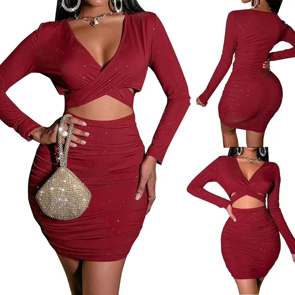 

Women Bodycon Mini Dress Long Sleeve Solid Color Spring/Autumn Deep V-Neck Hollow Out Mini Sundress
