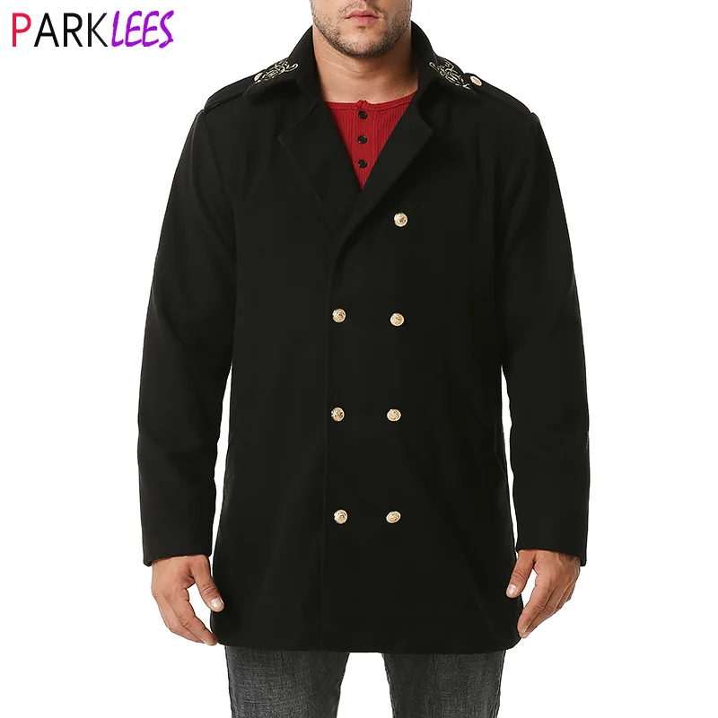 Мужской двубортный шерстяной плащ в британском стиле с золотистой вышивкой