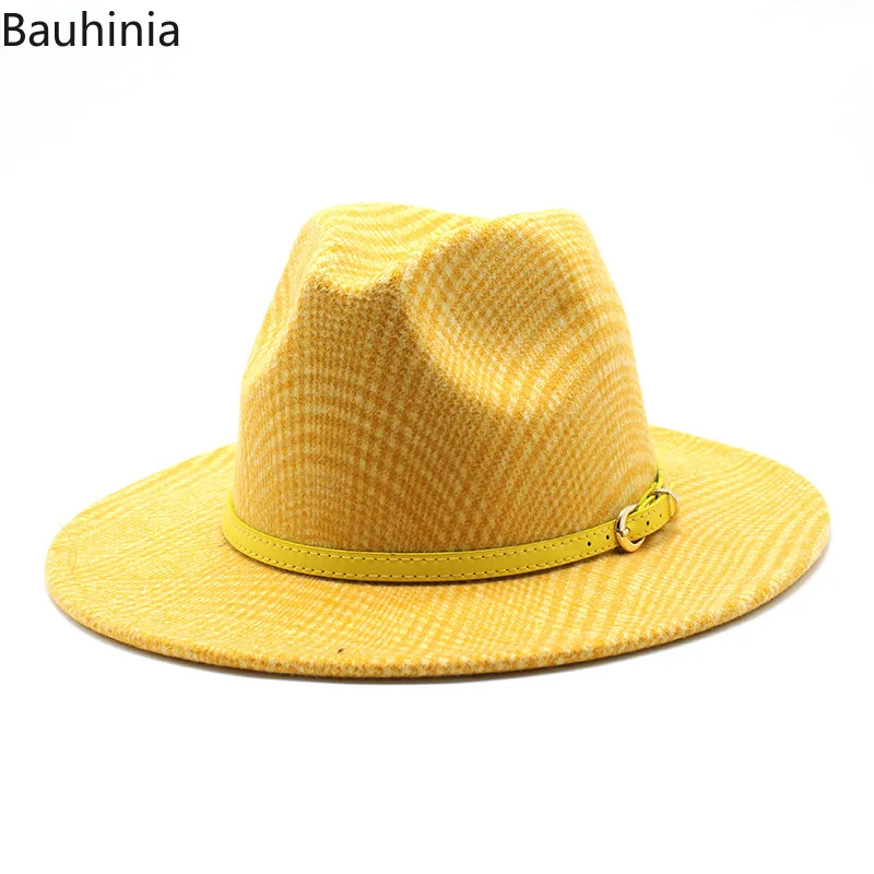 

Bauhinia 2020 Men Women Wide Brim Wool Felt Jazz Fedora Hats British style Trilby Party Formal Panama Cap Yellow Belt Hat