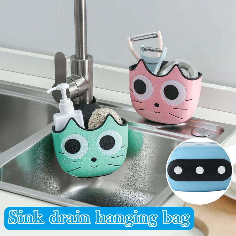 

Newly Faucet Storage Rack Sponge Holder Cartoon Cat Hanging Drainer Pouch Adjustable Organizer Kitchen & Bathroom Accessories