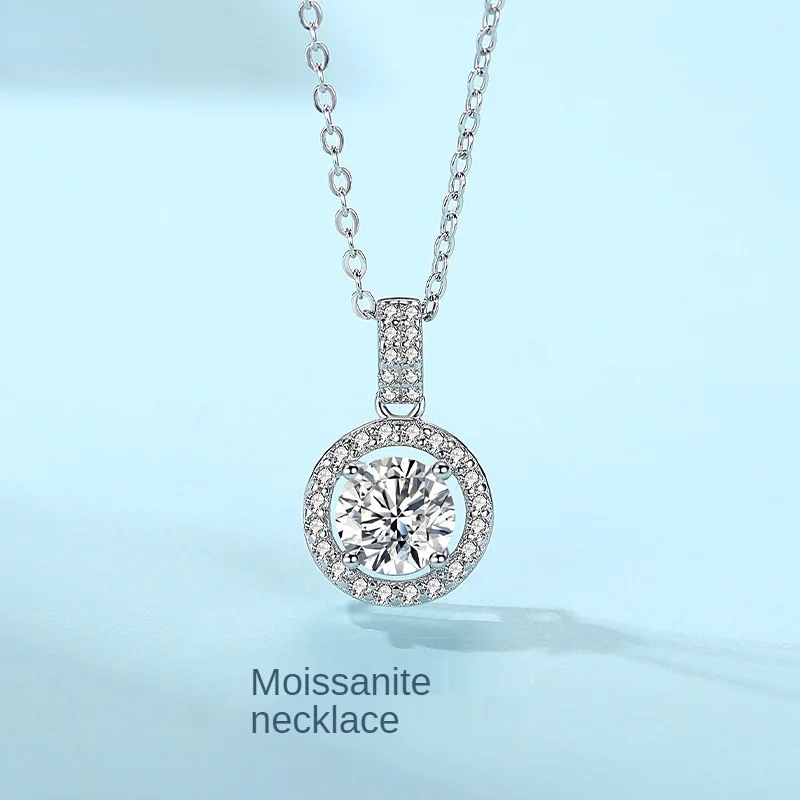 

Real 925 sterling silver women circle necklace pendant fashion jewelry Diamond One carat moissanite clavicle pop necklace 45CM