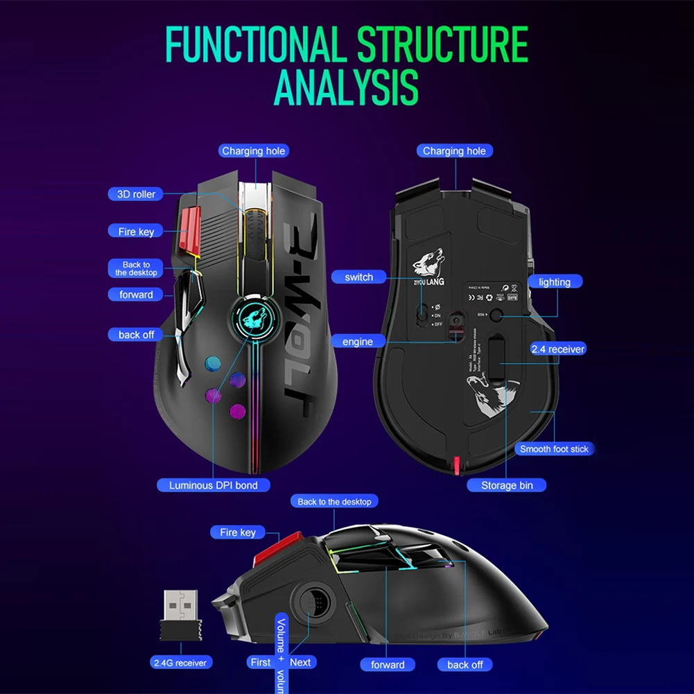 Игровая мышь PAW 3325 проводная + беспроводная компьютерная с RGB-подсветкой 12000 DPI 11