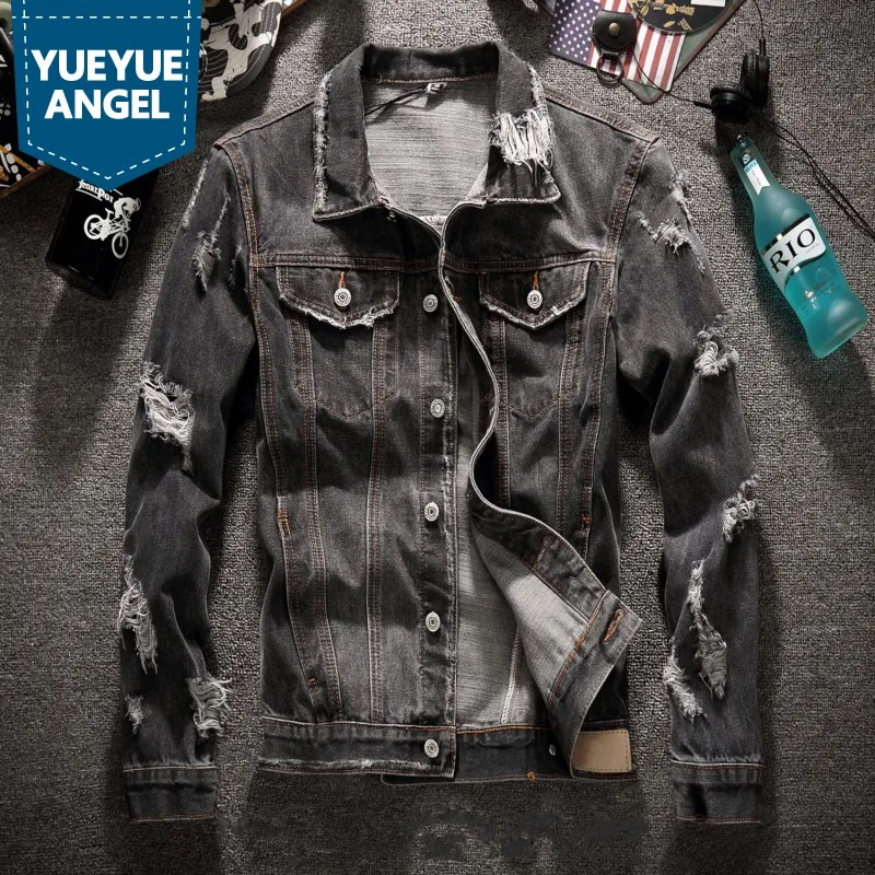 Винтажная серая рваная Мужская джинсовая куртка Модная приталенная