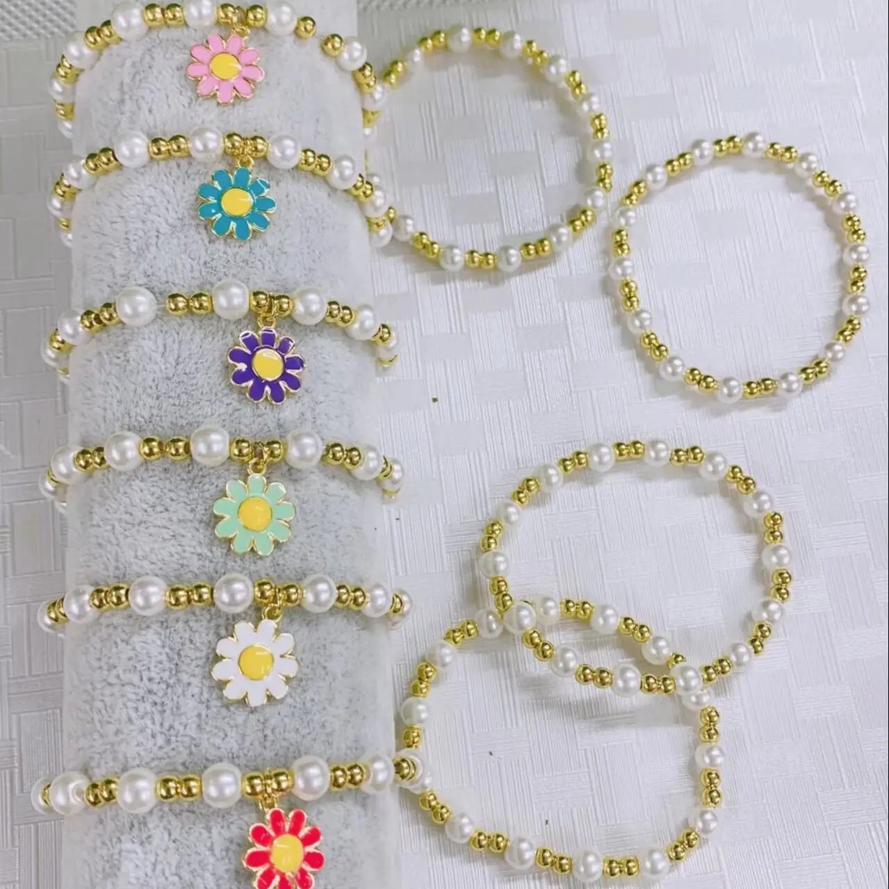 

10Pcs Fashion gold plated beads pearl beaded bracelet,handmade colorful enamel flower charm pendant necklace