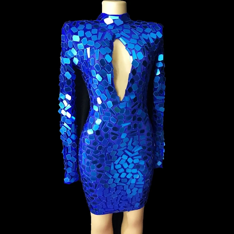 

Blue Flashing Blue Mirrors Sexy Hollow Mesh Dress Women Birthday Celebrate Bar Outfit Dance Wear Prom Evening Party Short Dress