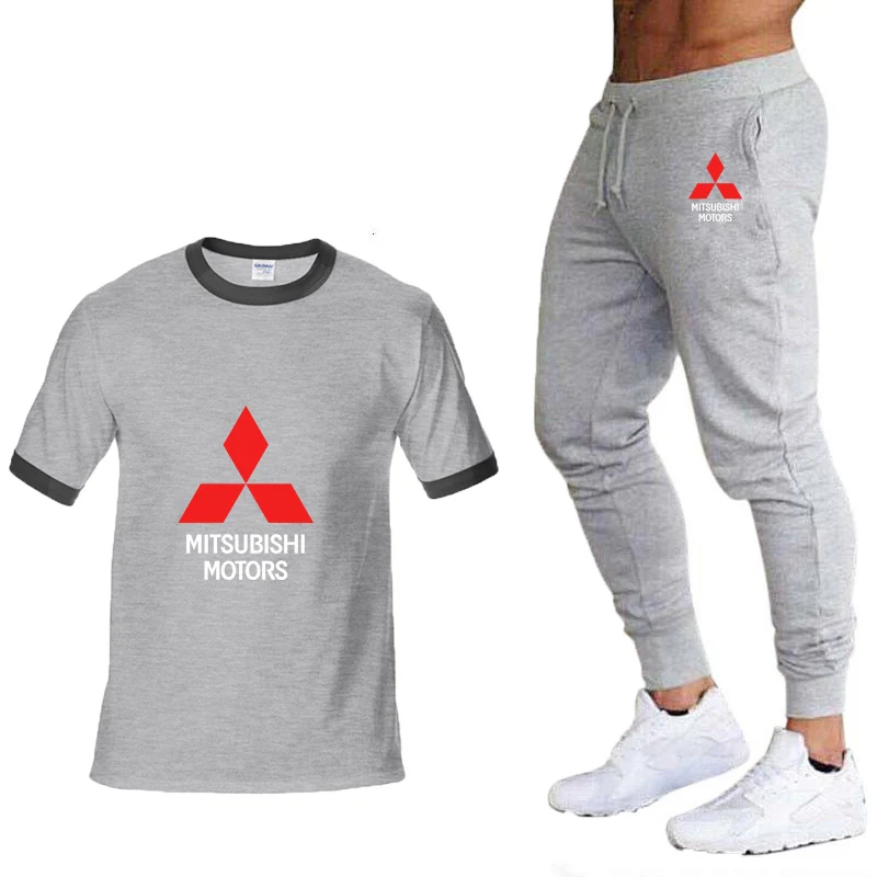 

Unisex 2020 new Men Mitsubishi Car Logo Print Casual Hit color T-shirt High Quality Cotton Men's T-shirt+shorts suit 2pcs
