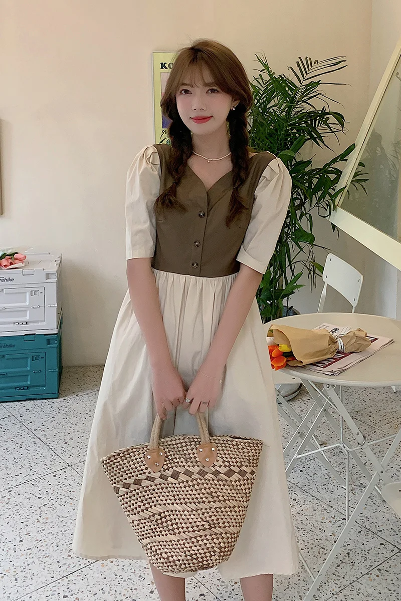 

COIGARSAM Women dress New Summer Single Breasted High Waist V-Neck Dresses Khaki Black 3031
