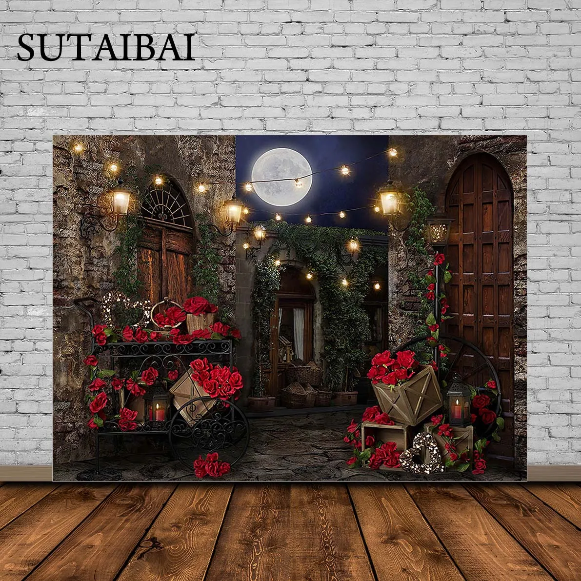 

Child Rose Photography Background Cake Smash Birthday Party Background Night Moon Star Lover Valentine Floral Decor Photostudio