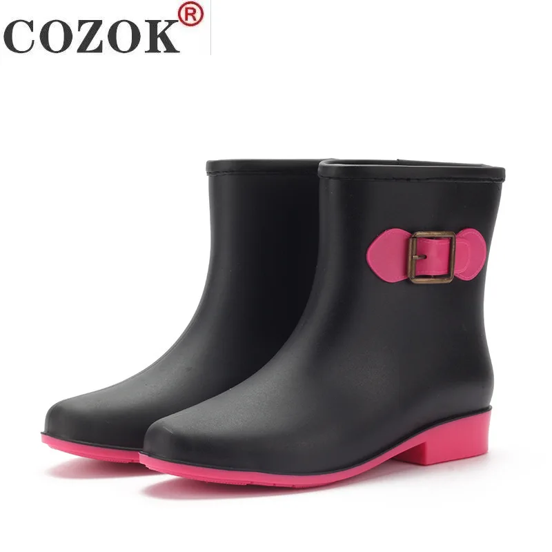 

Brand Designer Women Rain Boots Waterproof Water Printed Floral Lace-up Rubber Rain Boots Large Size