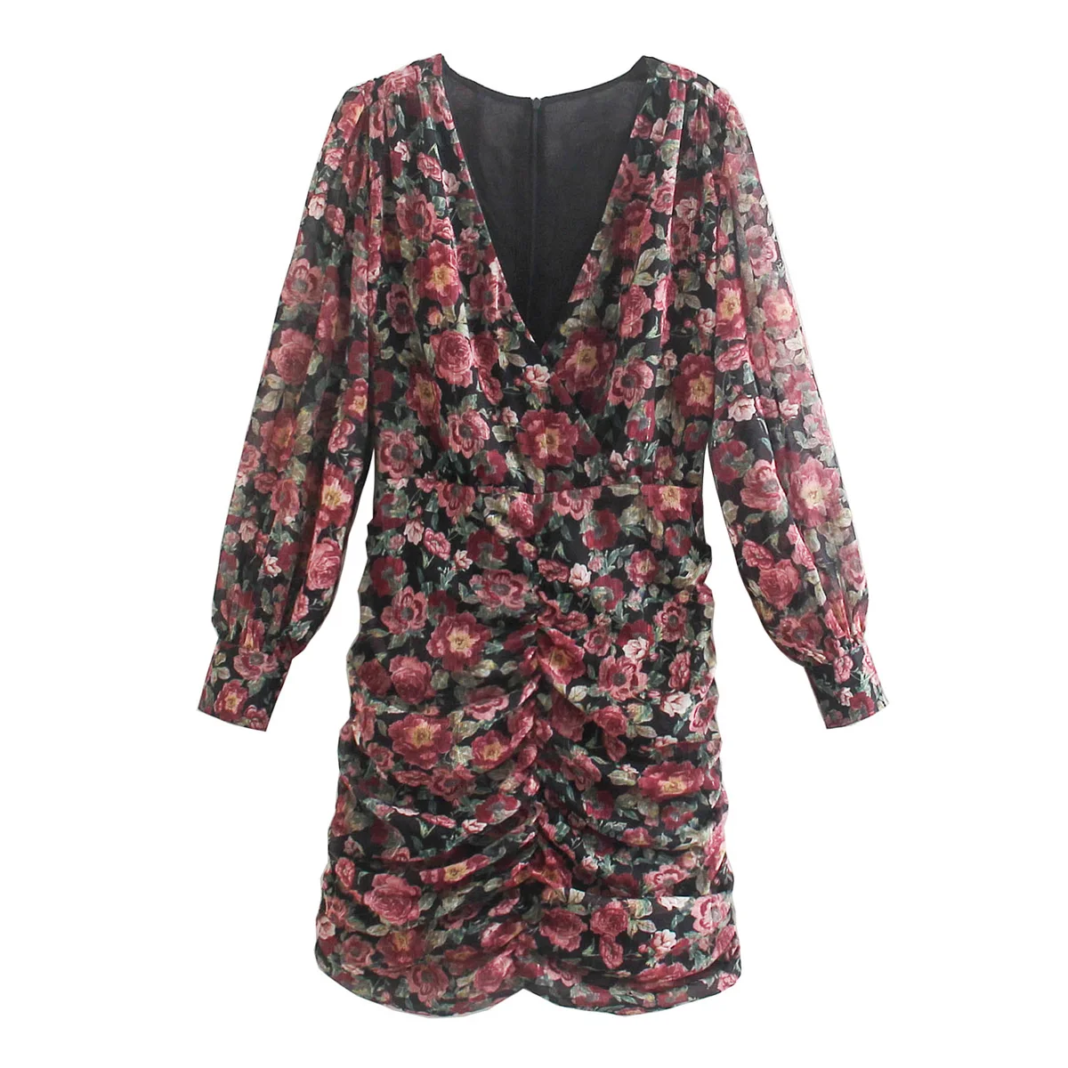 

JC·KILIG Fashion Retro Elegance V-neck Dress With Draped Bubble Sleeves R8261