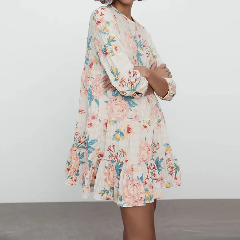 

MUICHES Vantage Floral Print Mini Dress Woman French Style Three Quarter Sleeve Loose Sweet Dress 2021 New Summer Holiday