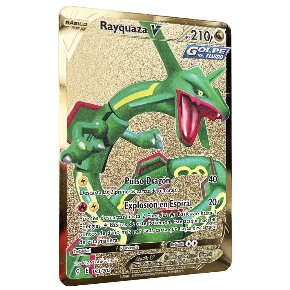 

Обычные карты Rayquaza V Pokemon в испанском стиле, железная металлическая покмо-буква, детский подарок, детская Радужная игрушка