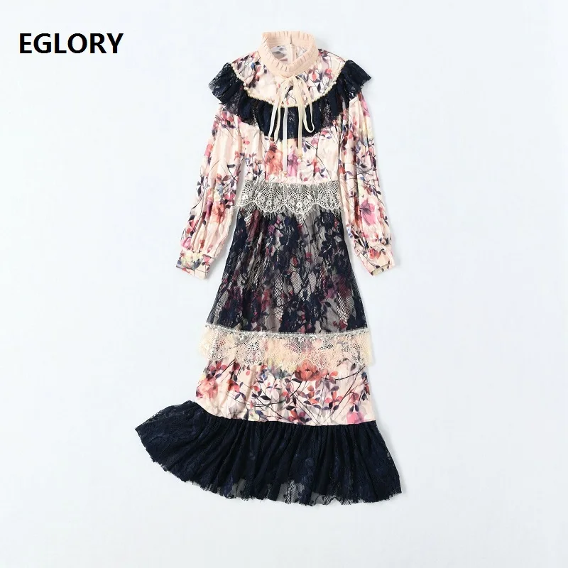 

Vintage Retro Dress 2020 Autumn Winter Style Women Ruffled Collar Elegant Floral Print Beading Lace Patchwork Long Sleeve Dress