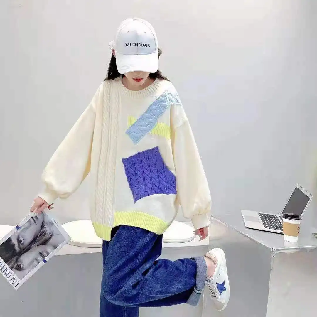 

SuperAen Plus Size Patchwork O Neck Full Sweater Women's 2021 New Autumn Winter Loose Top