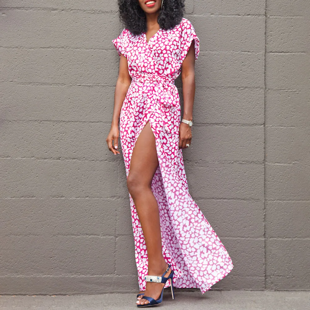 

2021 Printing African New Long Summer Temperament Commute Thin Split Fork Western Style Summer Women's Dresses V-neck