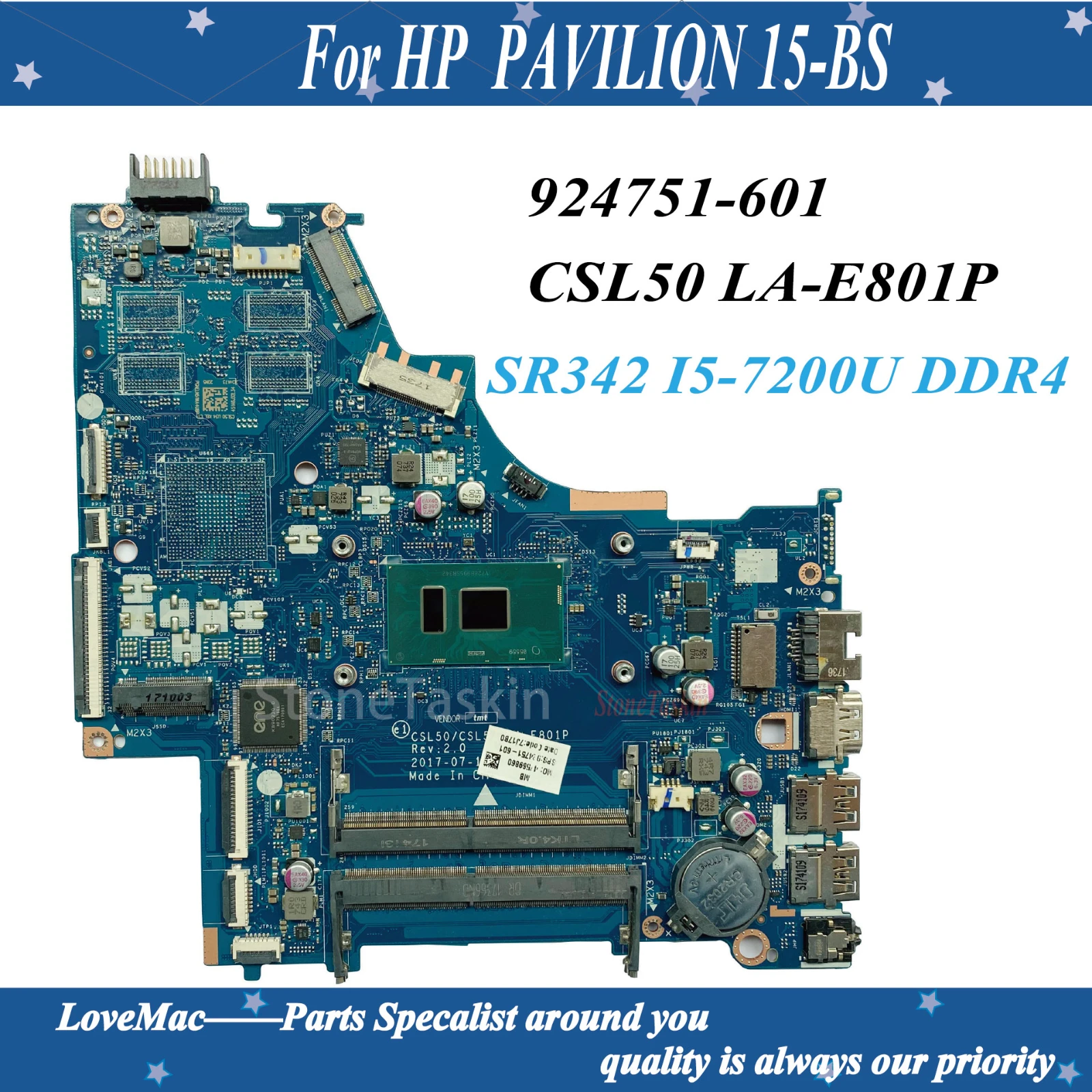 

High quality 924751-601 For HP 15-BS Laptop Motherboard CKL50 LA-E801P SR342 I5-7200U CPU DDR4 100% tested