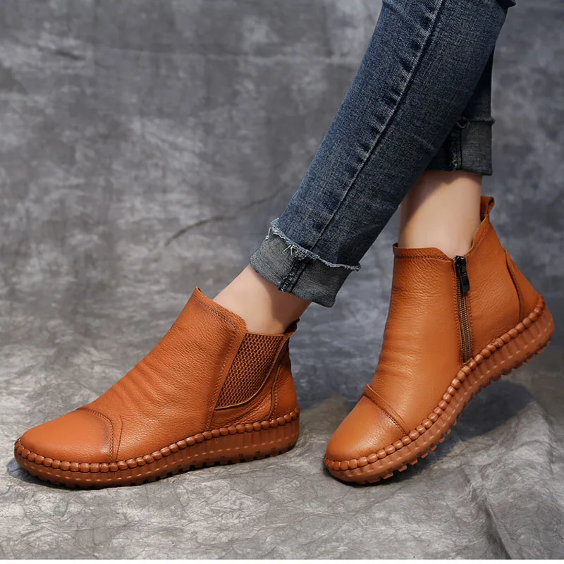 Женские ботинки из натуральной кожи на танкетке Короткие ковбойские ботильоны