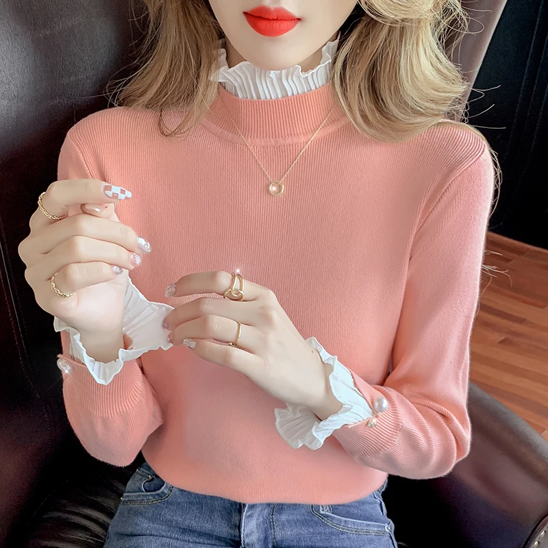 

Pink White Lace Korean Style Fashion Pullovers For Women'S Ladies Autumn Winter 2021 Clothing Sweater Tops Blouse Female Coat