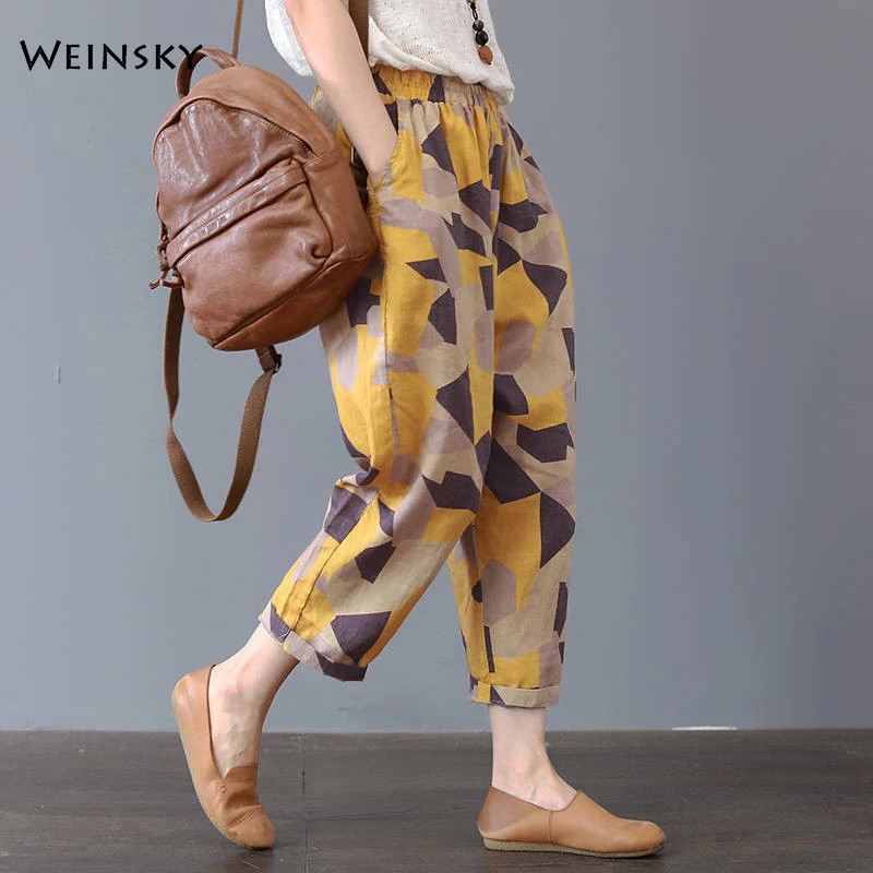 Женские хлопковые шаровары повседневные брюки до щиколотки с эластичным поясом