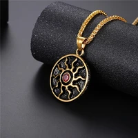european and american retro red zircon embossed sun round pendant necklace for men women punk hip hop jewelry gift