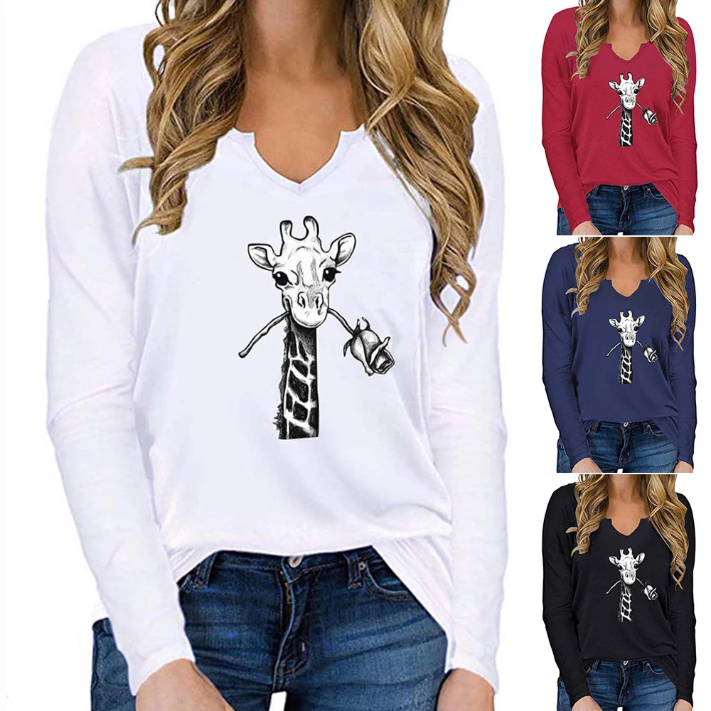 

Giraffe Rose Print Women T Shirts Casual Comfortable Clothing Full Sleeve V-Neck Graphic Tee Female Autumn Tops#k