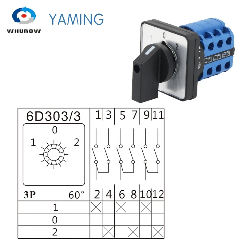 Yaming Rotary Cam Switch LW26-20 Changeover Selector With Center OFF 1-0-2 Positions 3 Poles 48x48mm Panel