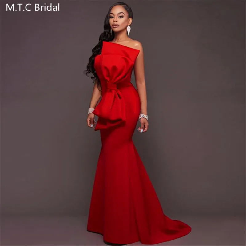 

Red Mermaid African Bridesmaid Dresses With Big Bow Strapless Backless Long Elegant Prom Gowns Plus Size Wedding Guest Dress