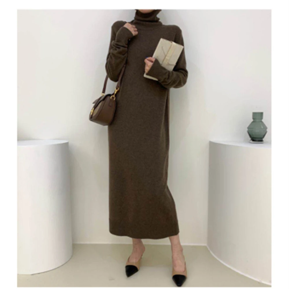 

Femme 2021Winter Turtleneck Woolen Long Dress Casual Full Sleeve Oversized Knit Vestidos Women Fashion Thick Solid Sweater Dress
