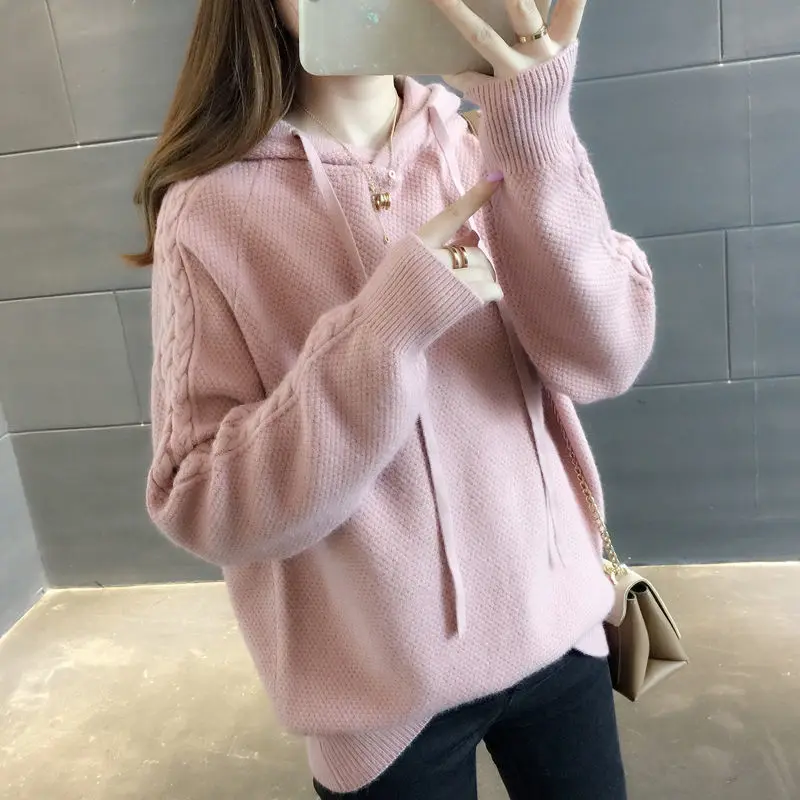 

PEONFLY Fashion 2020 Autumn Winter Knit Hooded Solid Color Pullovers Korean Style Thick Sweater Women Knitwear Clothes Blue Pink