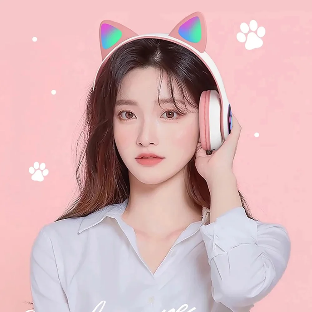

Bluetooth Wireless Headphones Foldable Glowing LED Cat Ear Paw Headset HIFI Stereo Bass Earphone for PC Laptop Mobile Phone