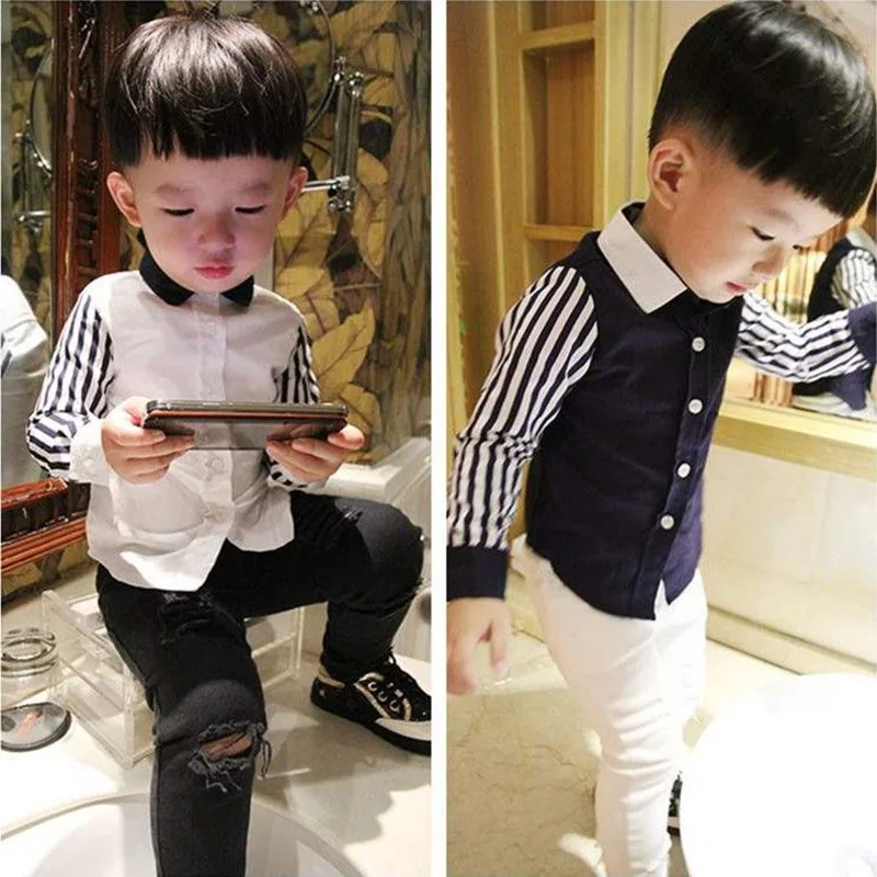 Рубашки с длинным рукавом для мальчиков весенние детские полосатые топы