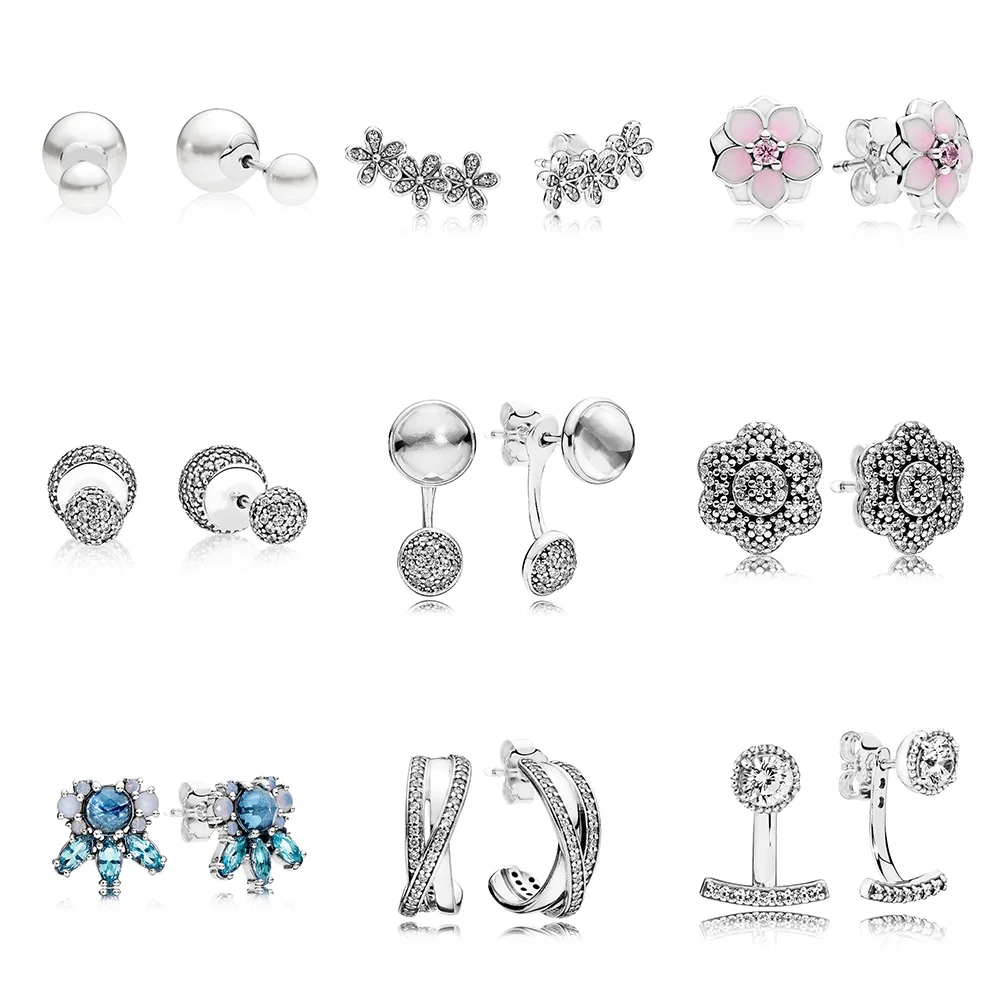 

925 Sterling Silver Earrings Diy Pink Flower Full Crystal Ball Earrings Blue Snowflake For Women Wedding Party Jewelry