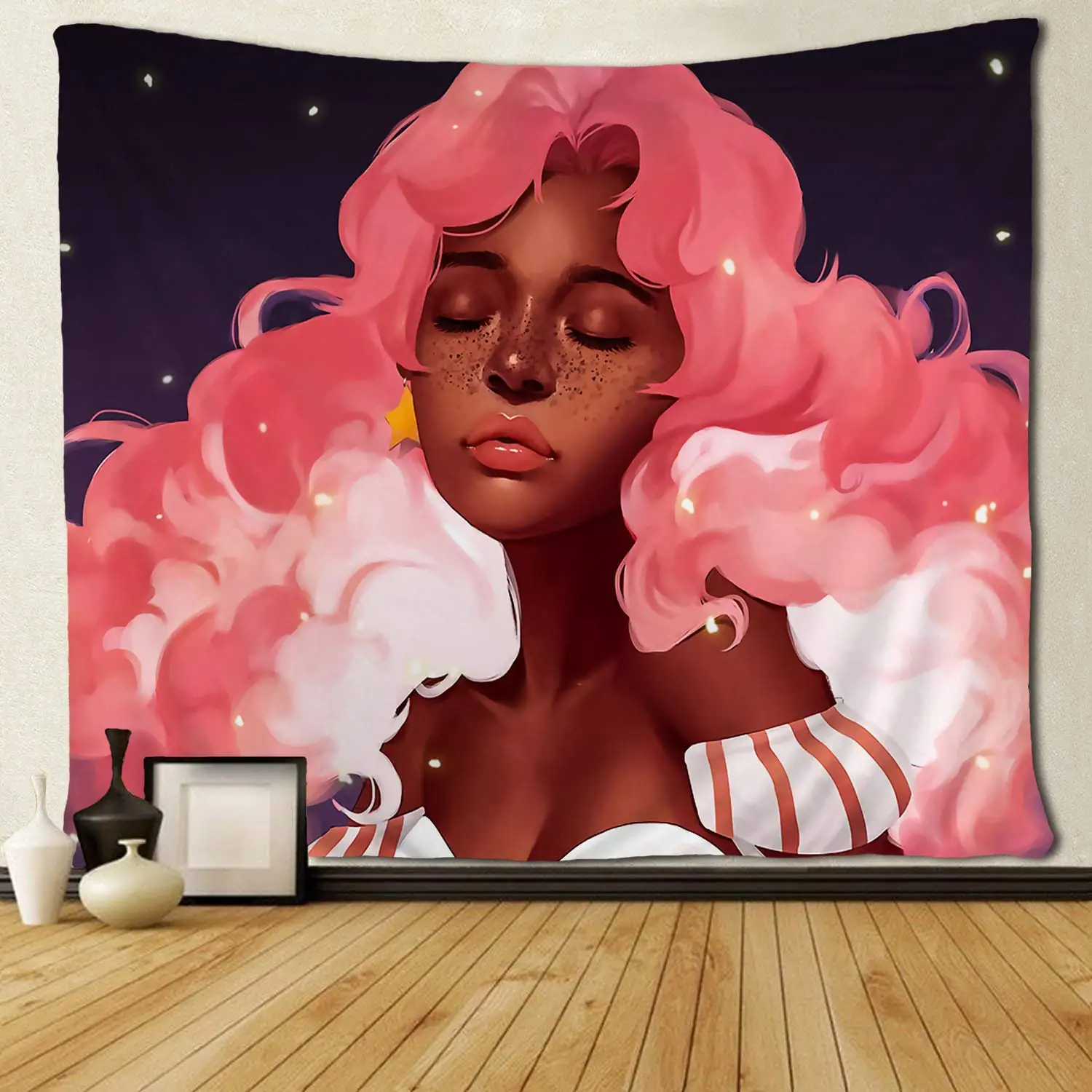 

Sweet Black Girl African American Pink Hair Design Wall Hanging Tapestries