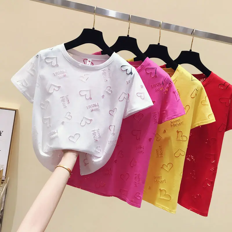 

2021 summer new Korean hollow out heavy industry t-shirt female personality foreign style short sleeve blouse