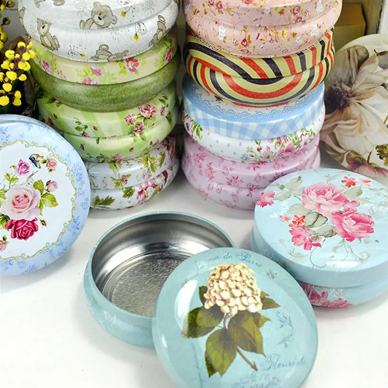 

Свадебные сувениры, жестяная круглая коробка для конфет, подарочные коробки, жестяные контейнеры с цветочным принтом, коробка для шоколадн...