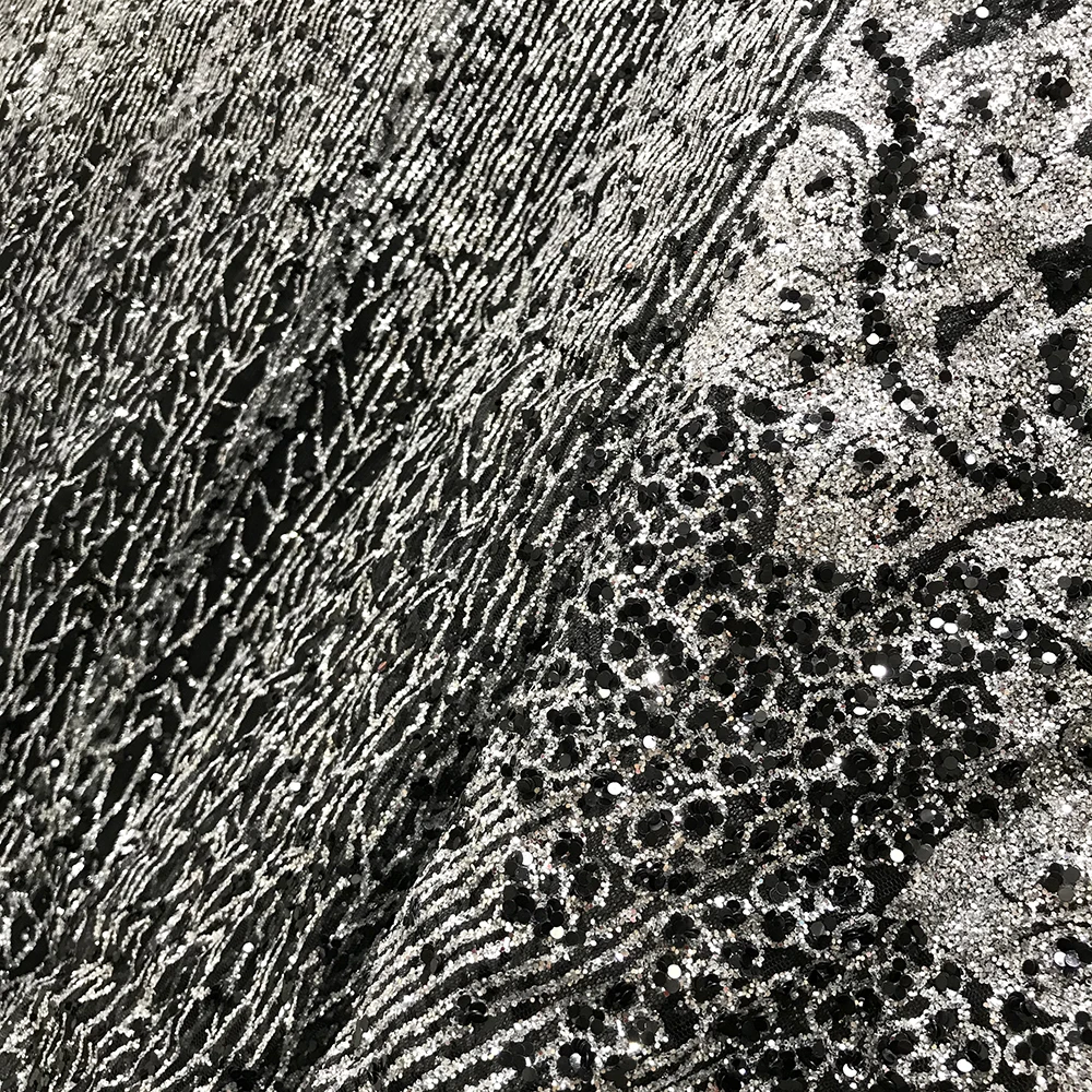 

Luxury Quality Swiss African Silver Glitter Black Mesh Sequin Lace Tulle Fabric Textiles for Sewing Gorgeous Party Wedding Dress