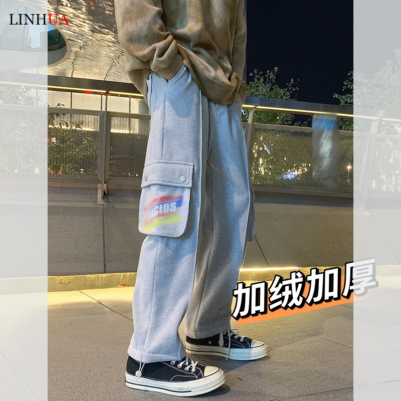 LINHUA Men's Fashion Fleece Wide Leg Pants Streetwear Hip-hop Casual Sweatpants Print Pocket Cargo Pants Men Drawstring Trousers