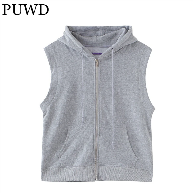 

PUWD Casual Women Cotton Gray Hooded Sleeveless Vest Jacket 2022 Autumn Fashion Ladies Zipper Streetwear Outwear Girls Chic Tops