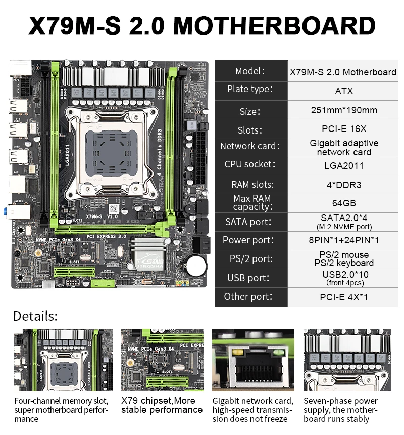 Verkaufen JINGSHA X79M-S 2,0 Motherboard Set LGA2011 Mit CPU Xeon E5 2650V2 16GB * 2PCs Speicher DDR3 ECC RAM 1866Mhz Unterstützung MVNE M.2 USB 2,0