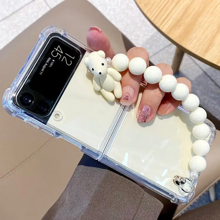 

Противоударный чехол с медвежьими бусинами и цепочкой для Samsung Galaxy Z Flip 3 Clear Z Flip Cover