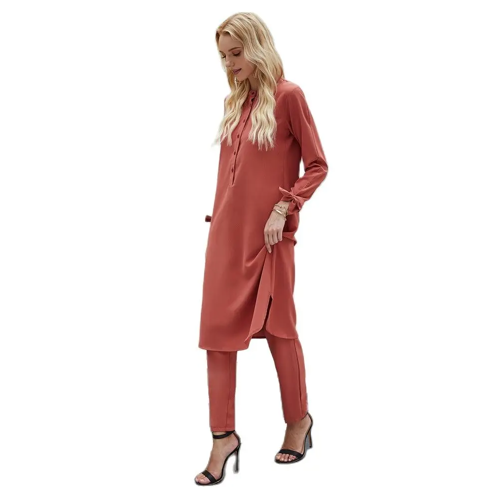 

2 Pcs Long Shirts Pants Muslim Fashion Kaftan Abaya with Bow Cuffs Islamic Women Clothing Ropa Arabe Mujer Moslim Jurken