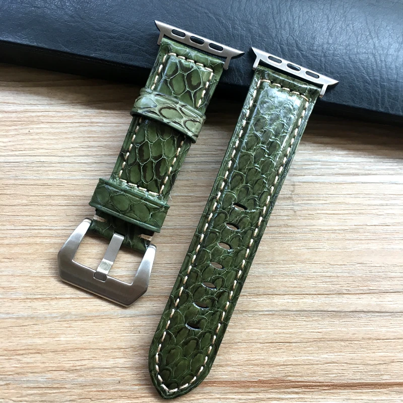 Green silver adapter Ремешок для часов Apple Watch из Натуральной Змеиной кожи ремешок для часов серии Apple 1 2 3 4 ремешки для часов iWatch 38 мм 40 мм 42 мм 44 мм - Цвет ремешка: Green silver adapter