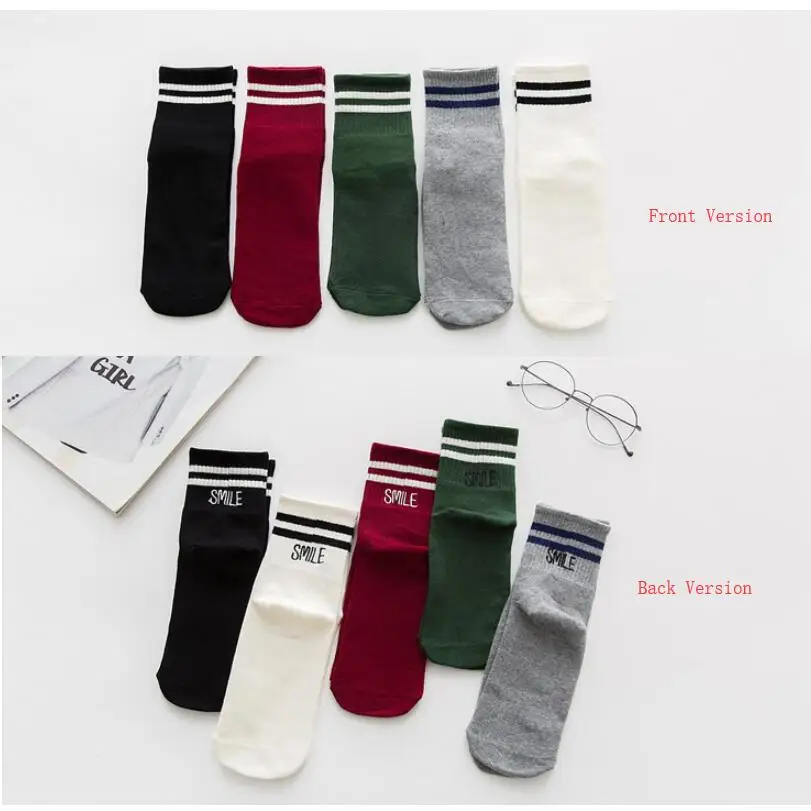 Winter Cotton Striped Ankle Socks For Women 5 Pairs/ Lot Letters Smile Embroidery Crew Socks