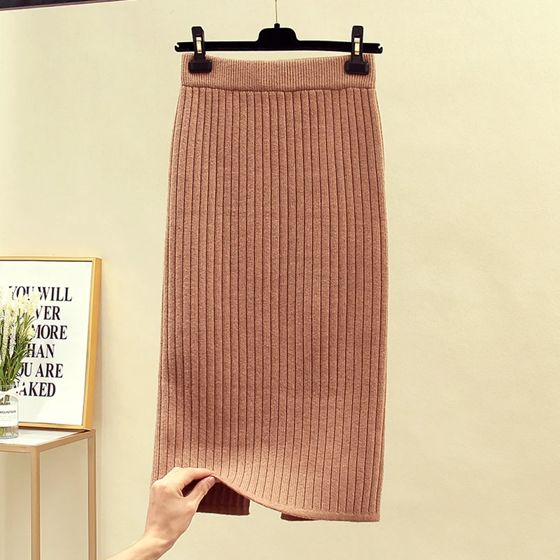 Женская вязаная юбка-карандаш элегантная теплая юбка в рубчик с высокой талией