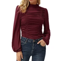 womens autumn and winter new solid color high neck long sleeved shirt palace style pleated thin elegant street wild t shirt2xl