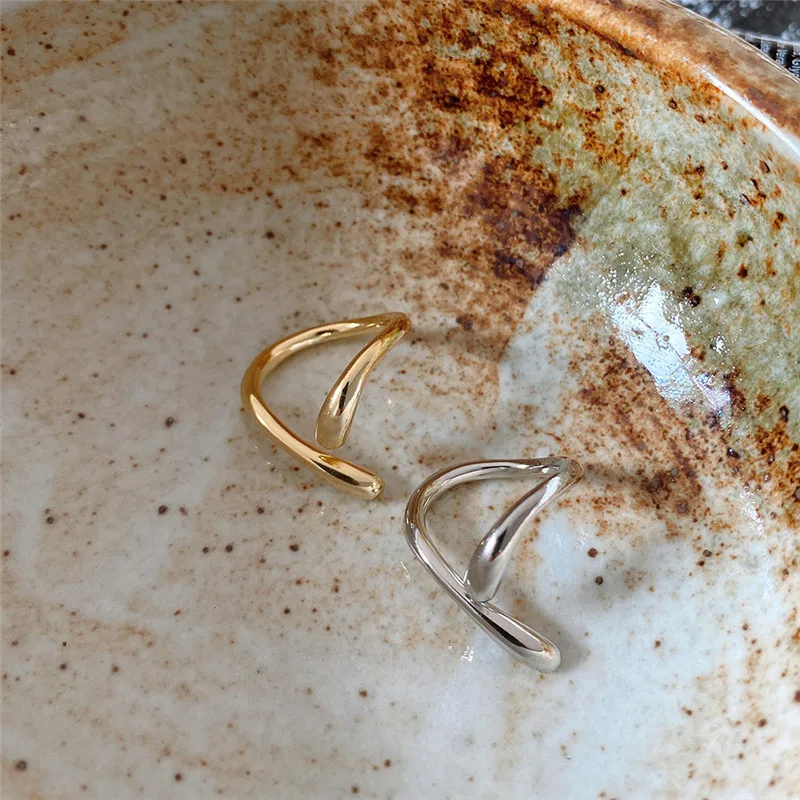 

POFUNUO Real 925 Sterling Silver French Wind Women Fashion Personalized U Shape Niche Rings 18K Gold Hiphop Punk Simple Rings