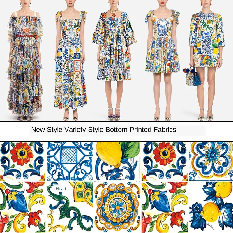 

New blue and white porcelain lemon pattern handmade DIY various styles of base cloth digital printing fashion materials