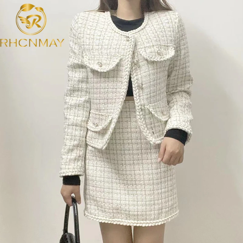 

New Wool Suits & Sets 2021 Winter Tweed 2 Piece Set Women Hand Made Beading Warm Woolen Coat Jacket + Mini Wool Skirt Sets