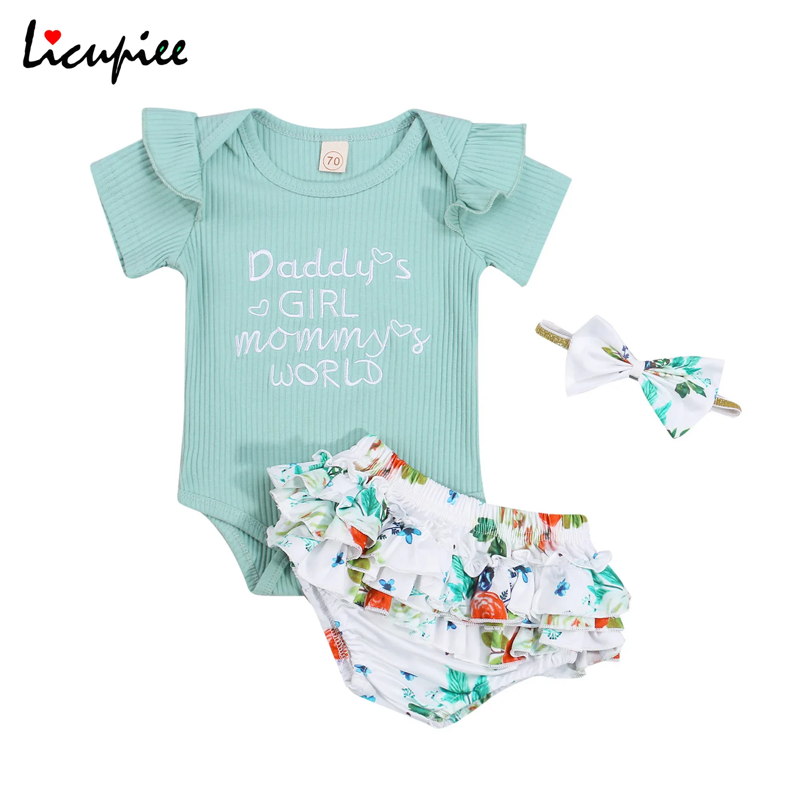 

0-24 Months Baby Letter 3pcs Baby Summer Outfits Short Sleeves Romper + Floral Ruffled Shorts + Hairband for Toddler Girls